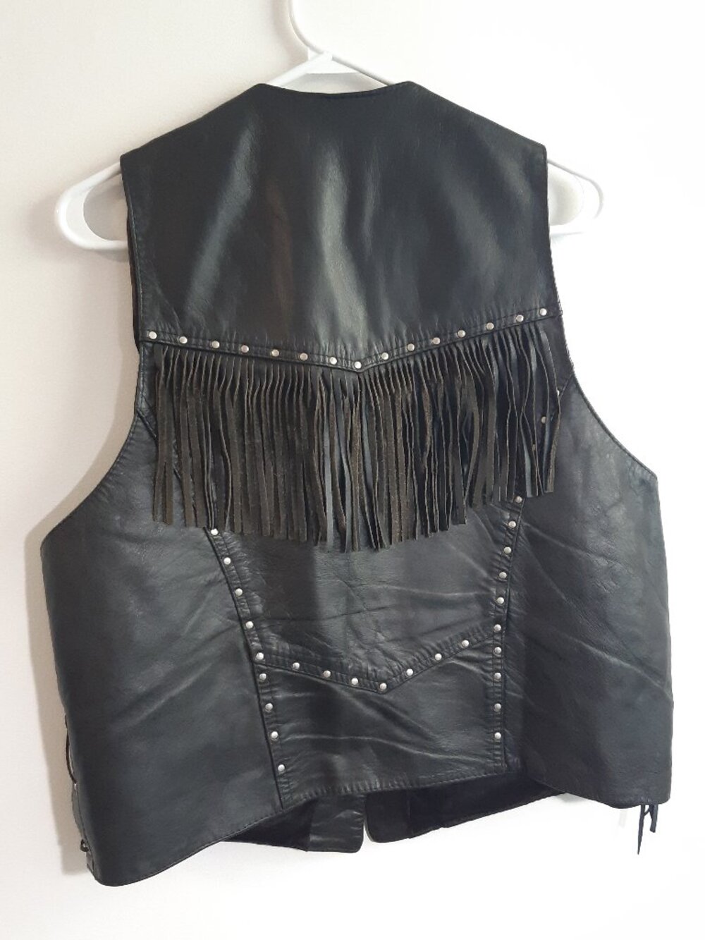 Vintage Genuine Leather Fringe Vest Biker Western Black LaceUp Made In Canada M - Picture 8 of 9